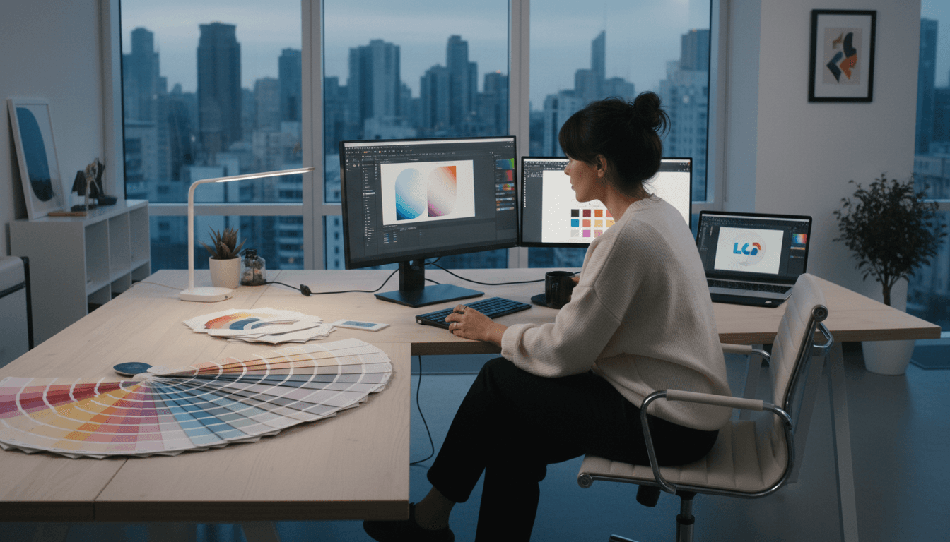 Graphic designer reviewing color palettes and digital designs at a bright modern studio workspace