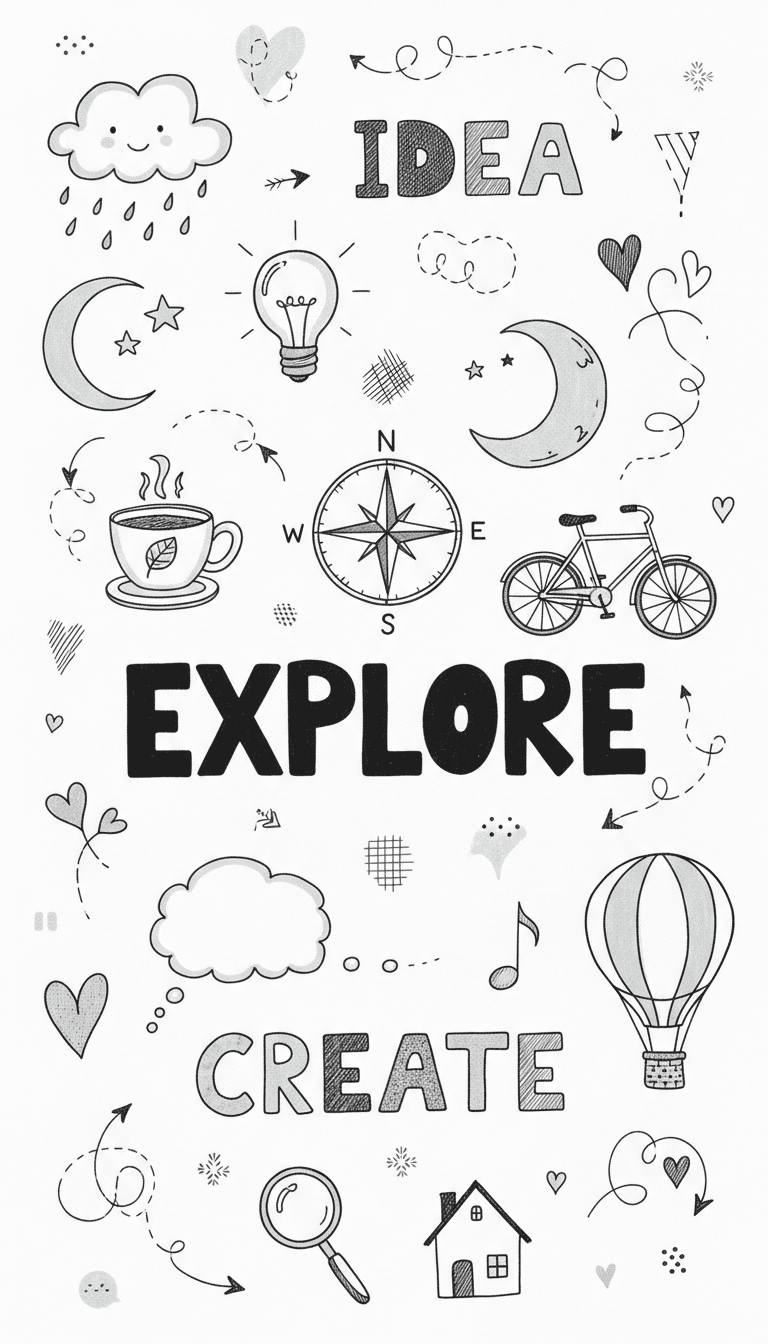 Sheet of hand-drawn icons and illustrations on white