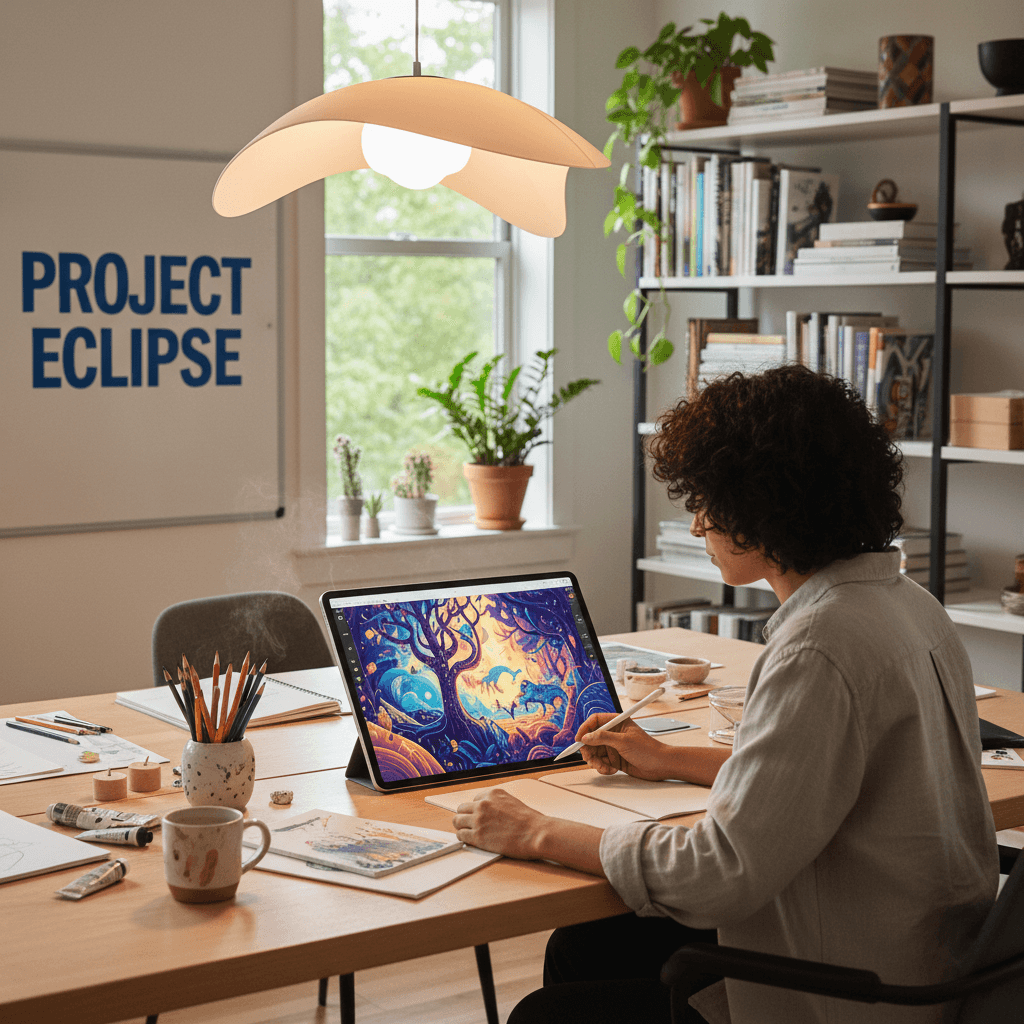 Designer creating digital illustrations on a tablet in a workspace