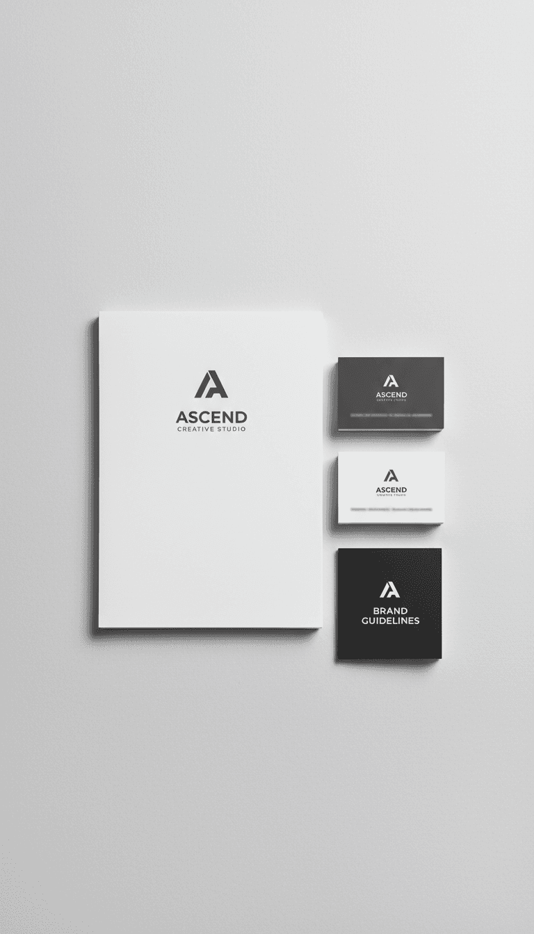 Brand style guide spread with business card and letterhead examples