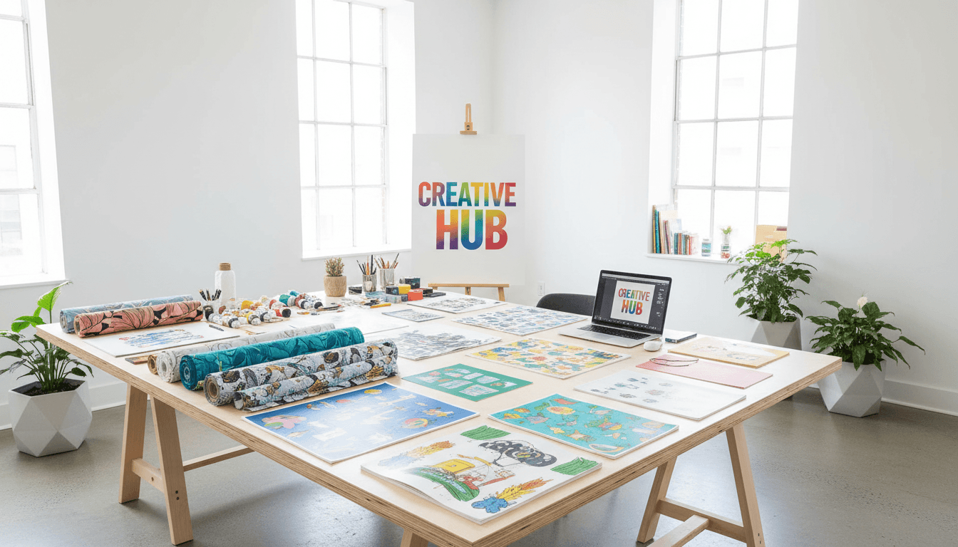 Design materials and print samples on a clean studio desk