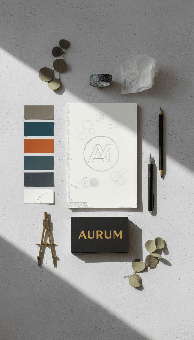 Logo sketches and color swatches arranged on a desk
