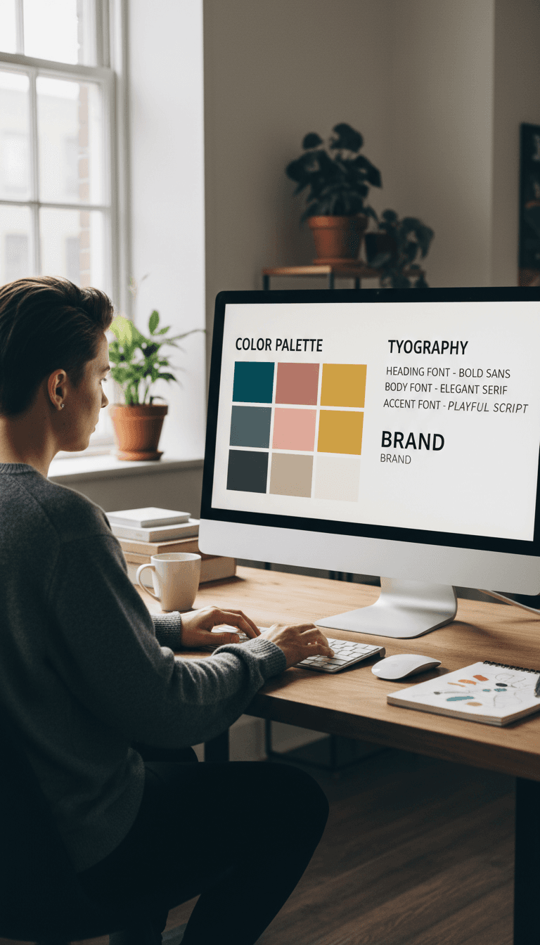 Designer reviewing brand fonts and color palette on a monitor
