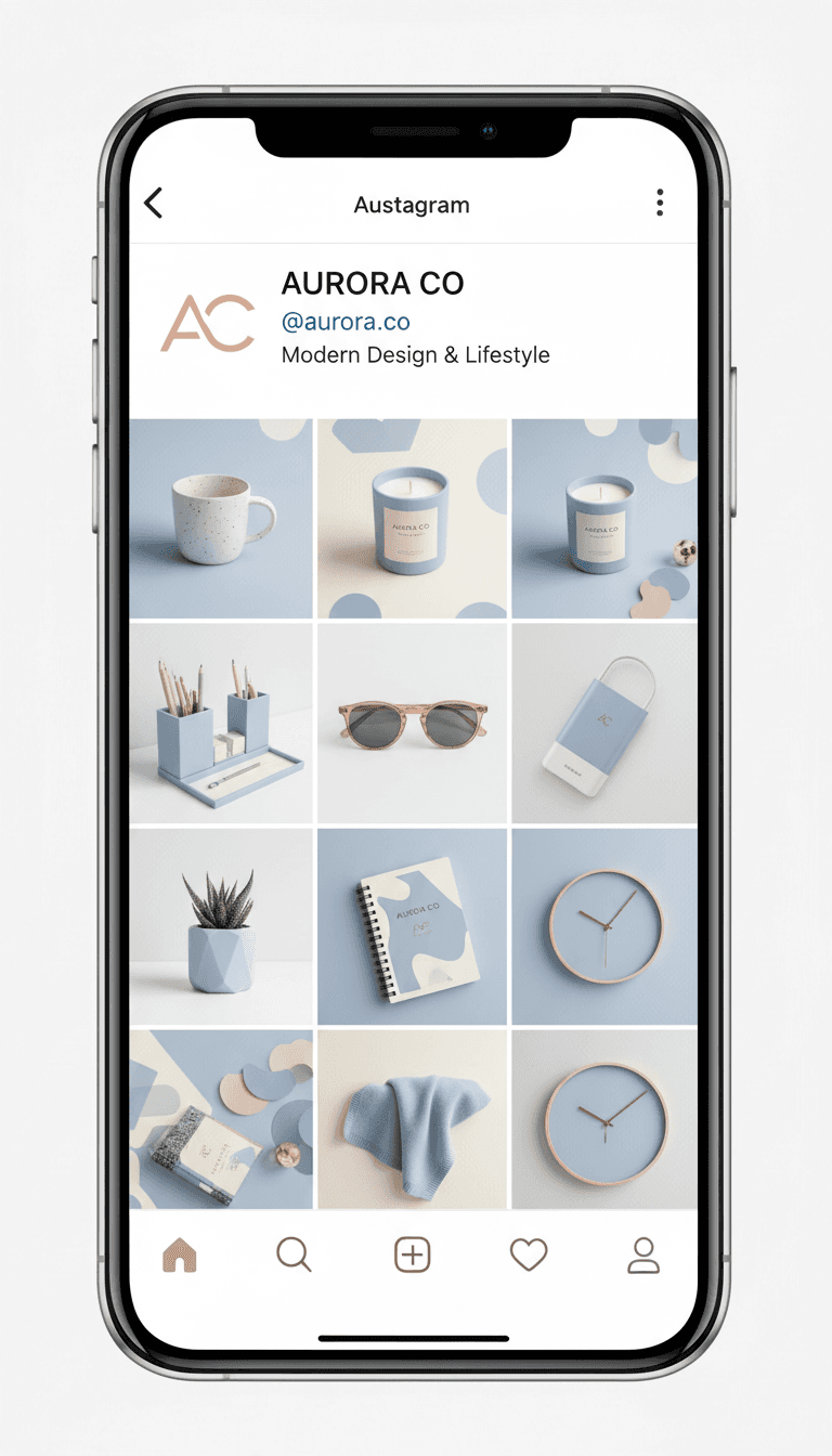 Phone displaying a cohesive branded Instagram grid