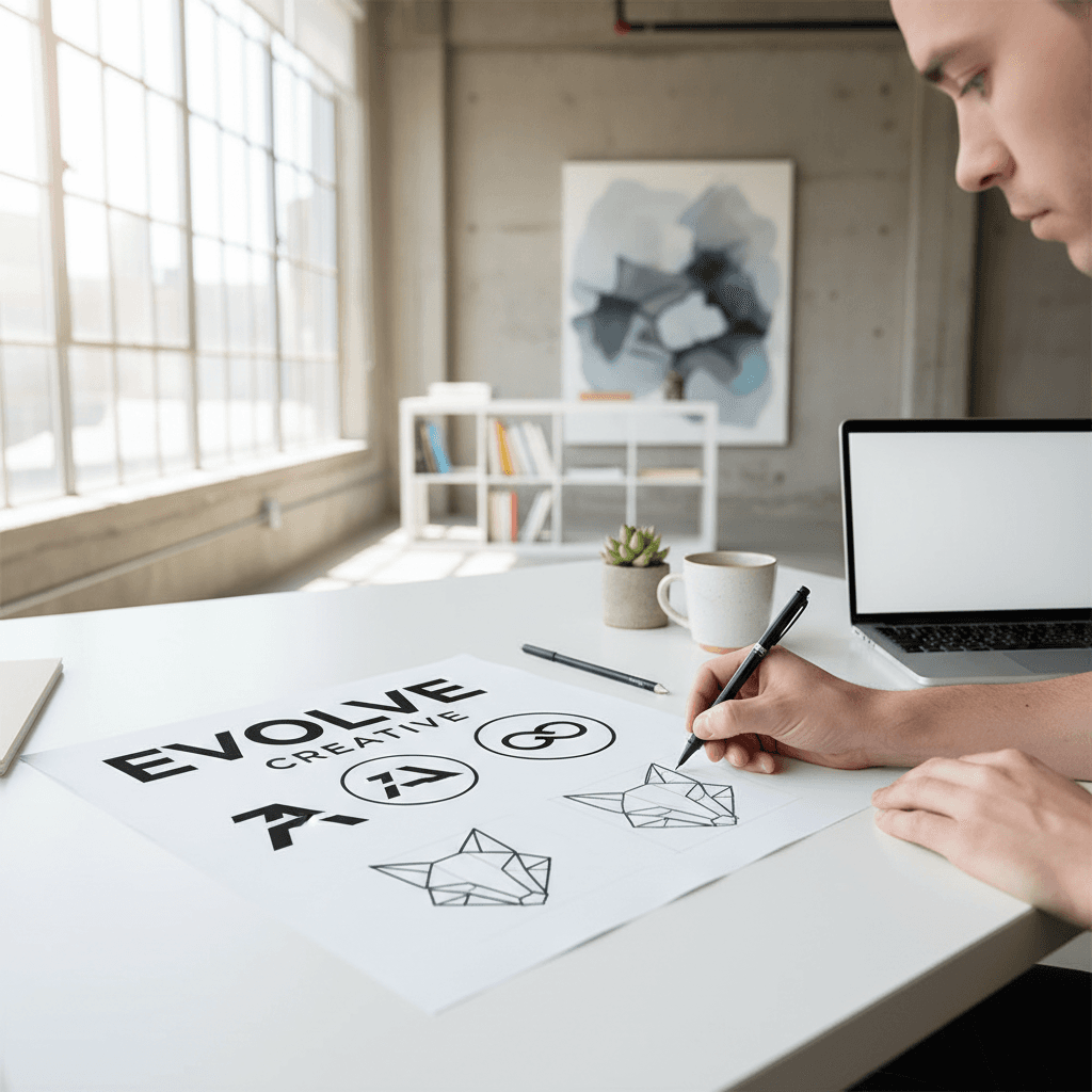 Designer sketching logo concepts on paper in a bright studio
