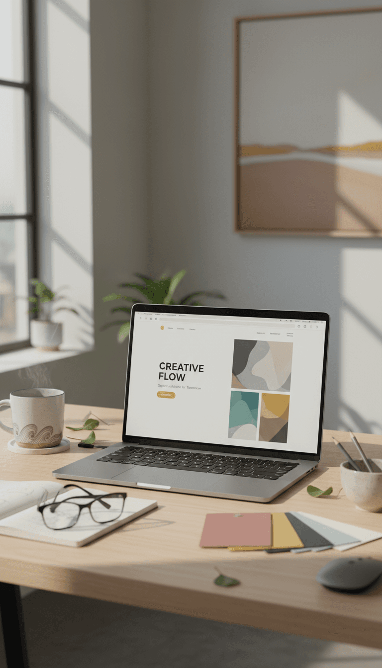 Laptop showing a clean website layout beside design tools