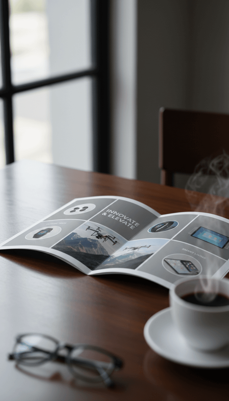 Open tri-fold brochure with product photos on a table
