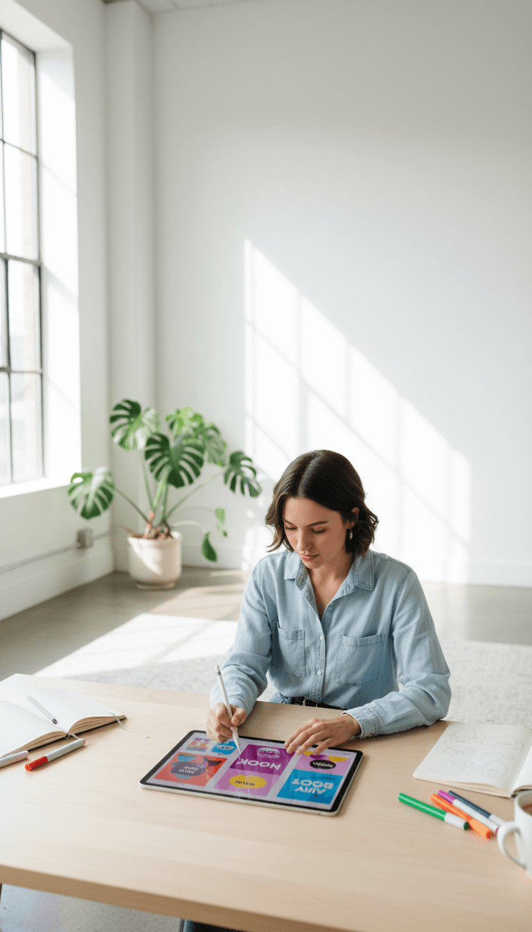 Designer drawing social media posts on a tablet with stylus