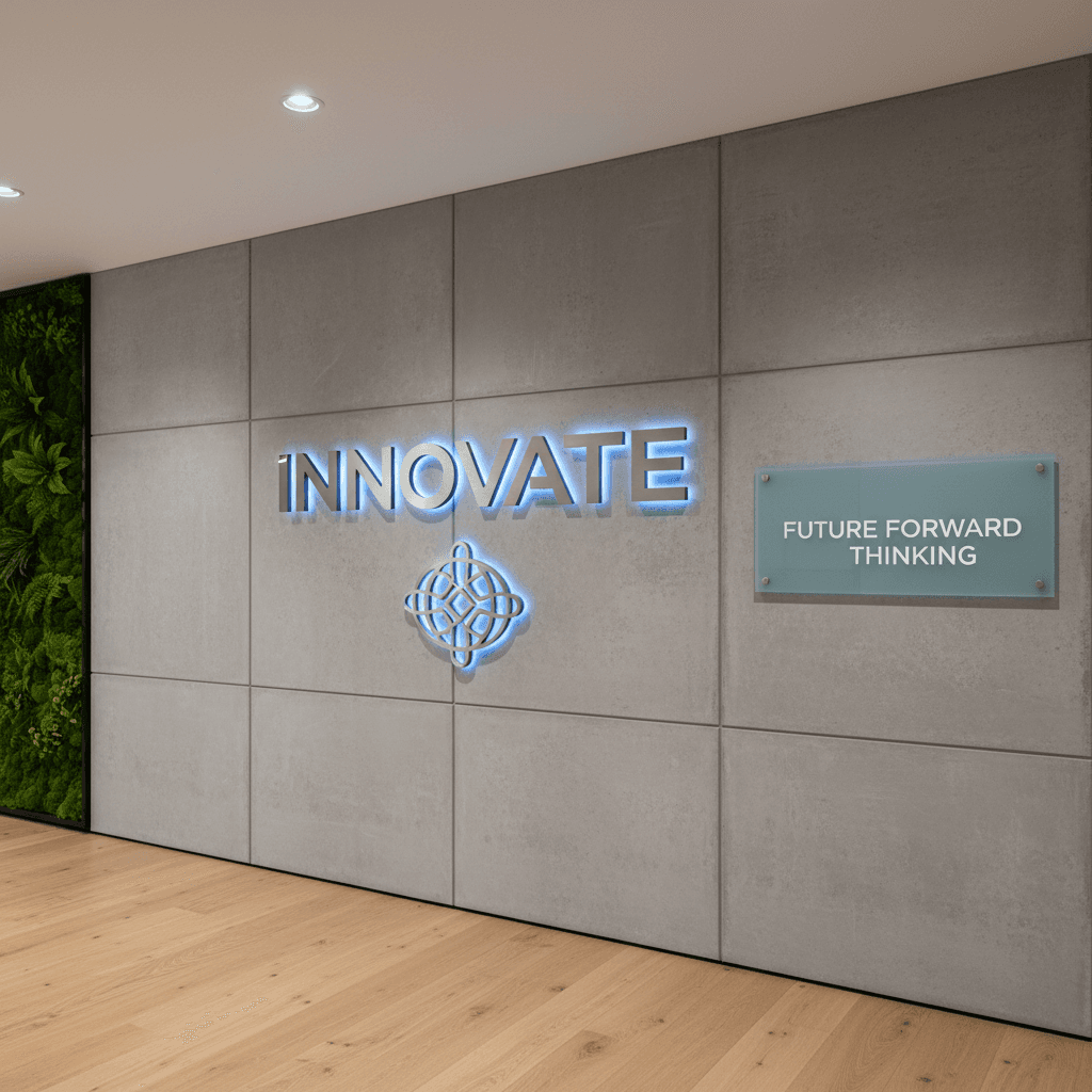 Modern office wall with custom branding and installed logo design