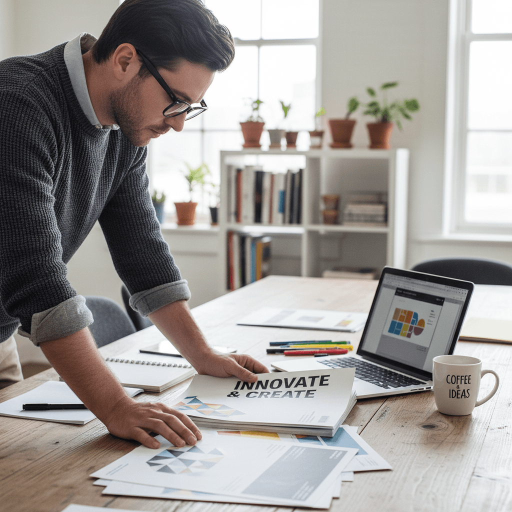 Designer reviewing printed marketing materials on a table with a laptop
