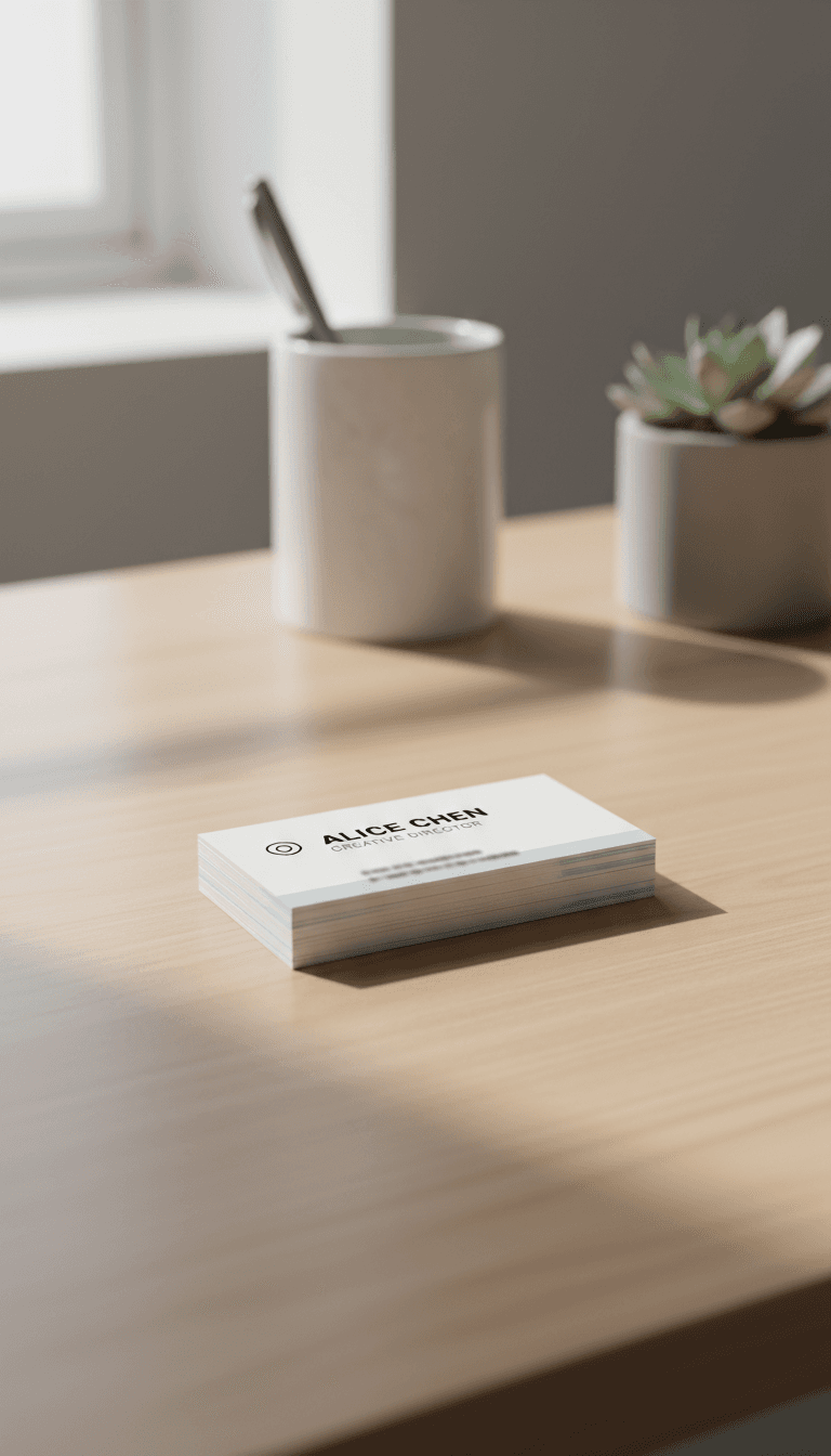 Stack of minimalist business cards on a clean desk
