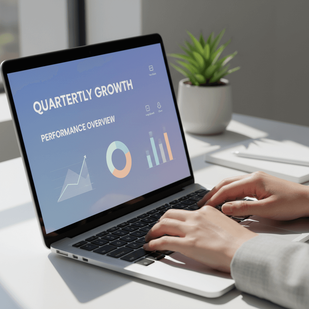 Digital brand identity presentation with logo variations on a laptop screen in a modern office