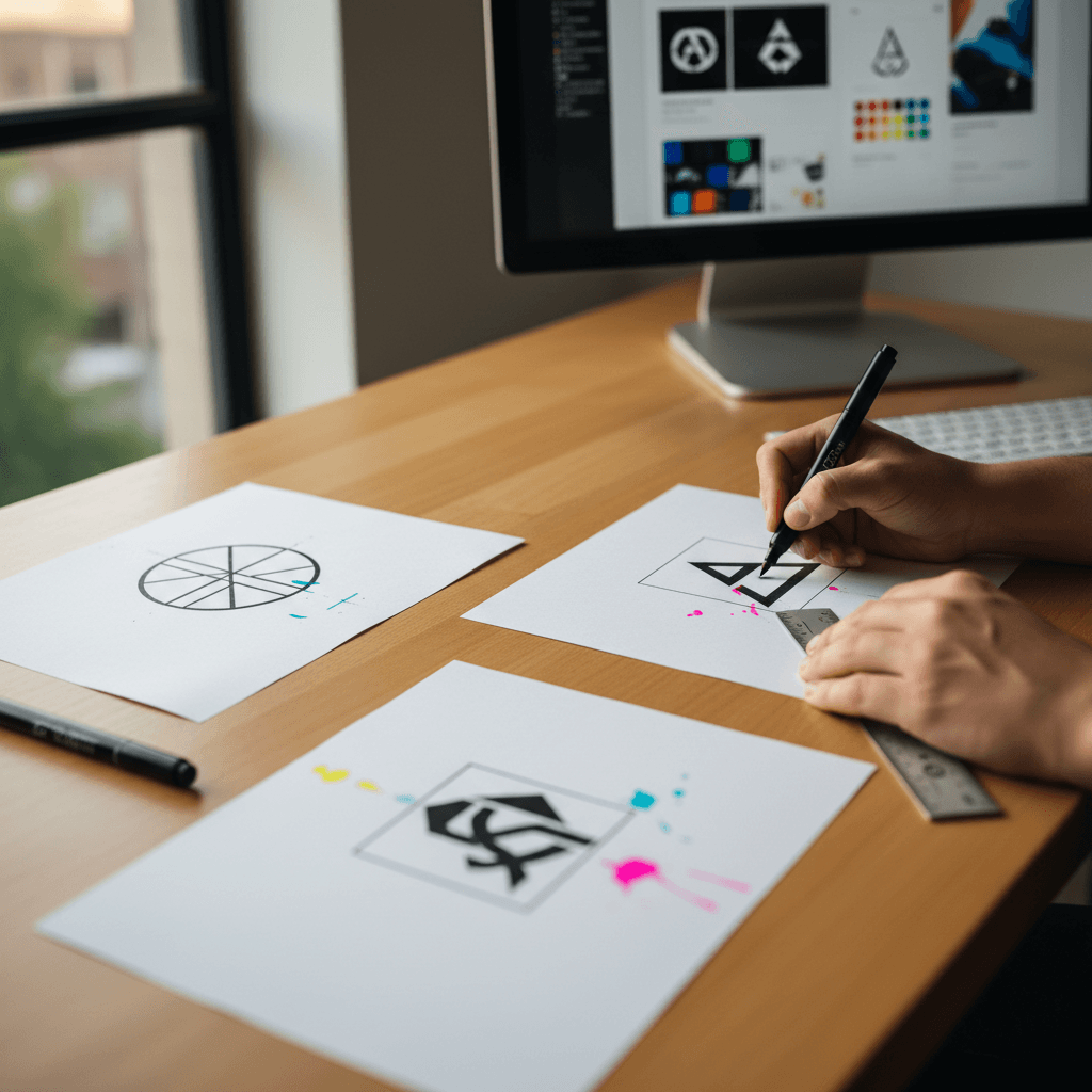 Logo sketches and color swatches on a designer's desk