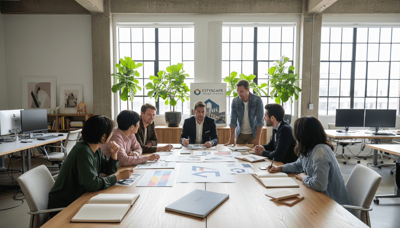 Creative team reviewing custom print designs at an office table