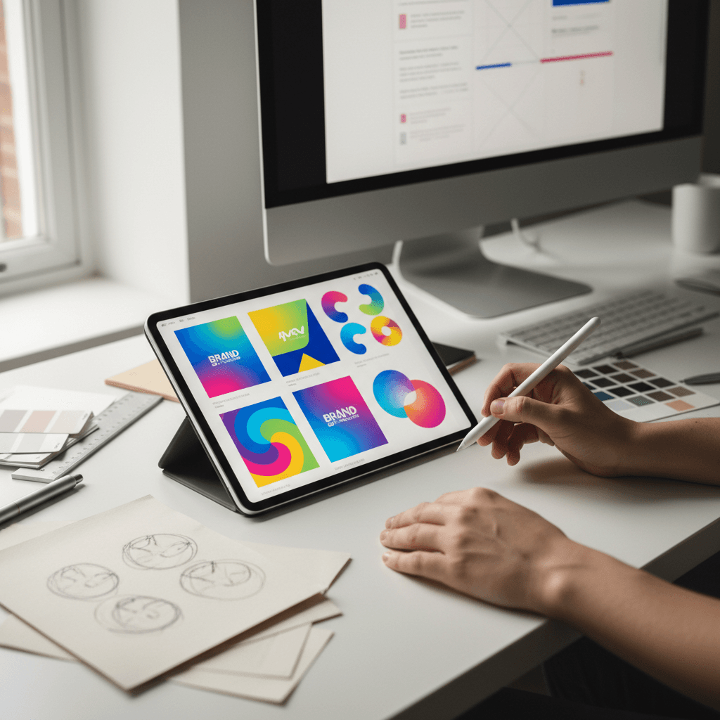 Graphic design work in progress at a bright studio desk