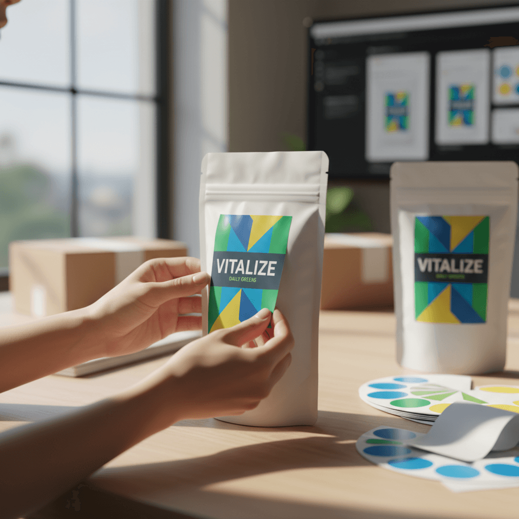 Product packaging design with custom label and pattern, photographed at a workshop