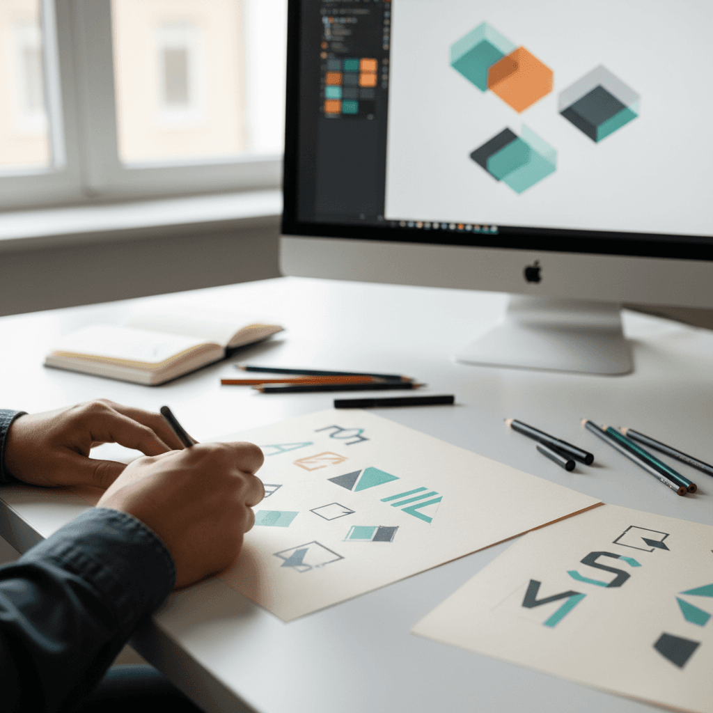 Designer sketching logo concepts in a bright studio