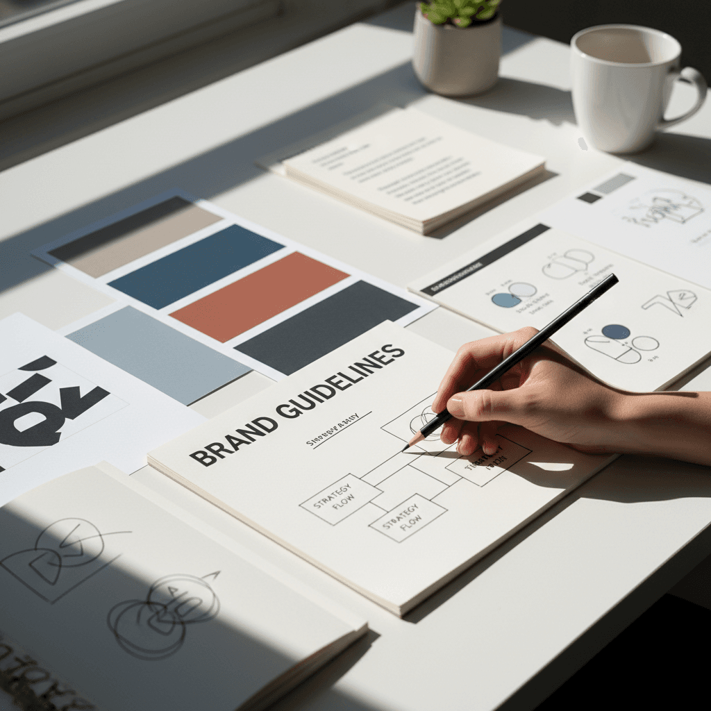 Coffee shop branding with logo, business cards, and packaging mockups arranged on a clean desk