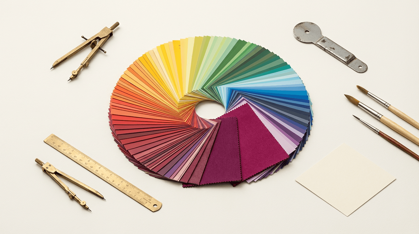 Designer selecting brand colors from a palette in a bright studio