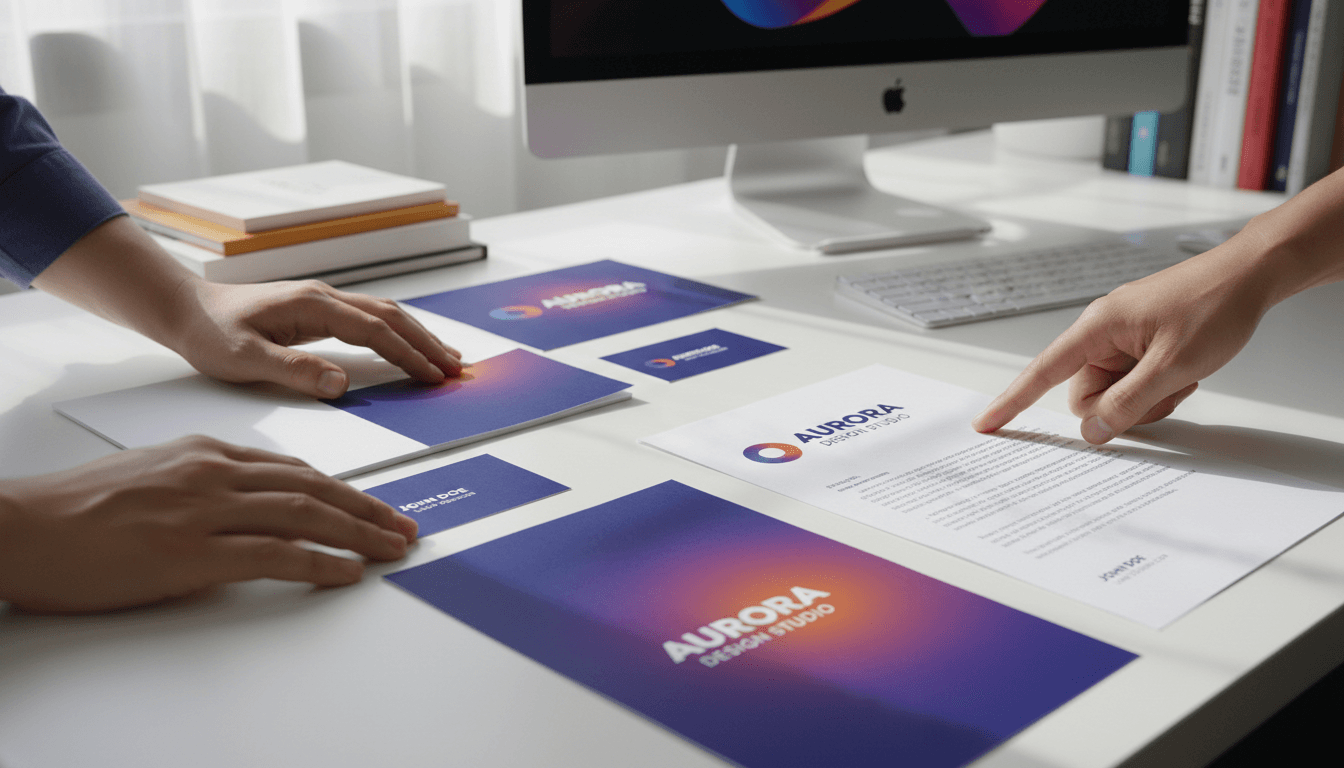 Designer handing printed brand materials to a satisfied client