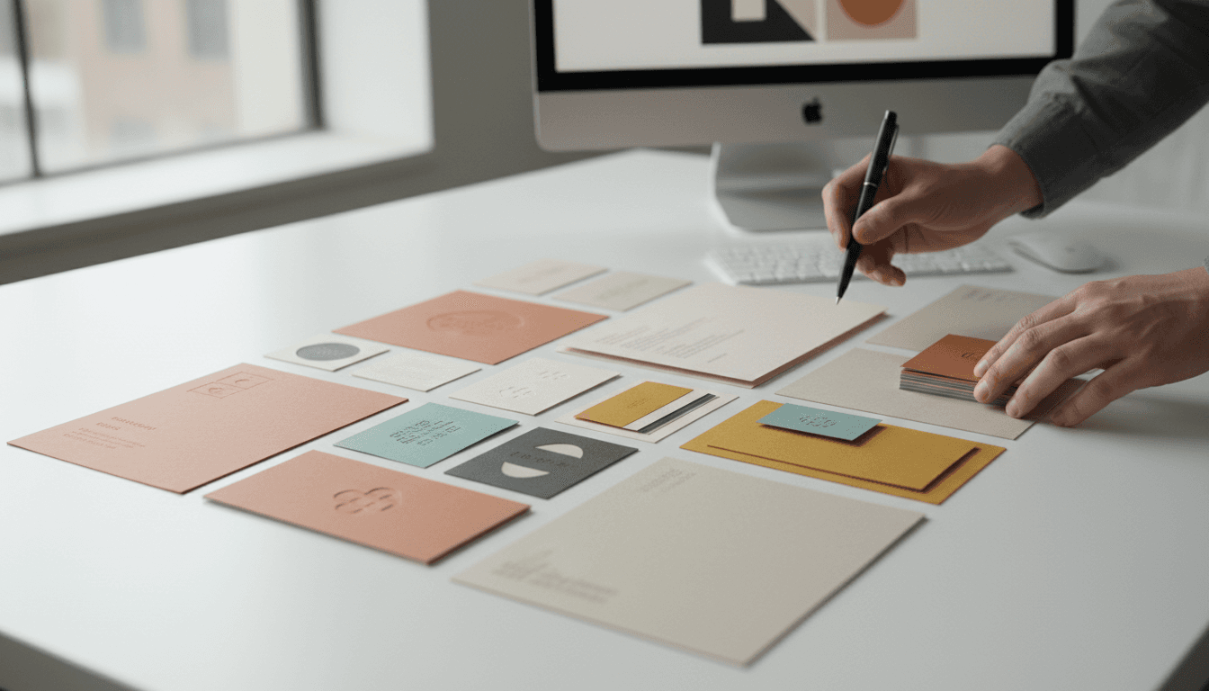 Designer examining printed flyers at a bright workspace