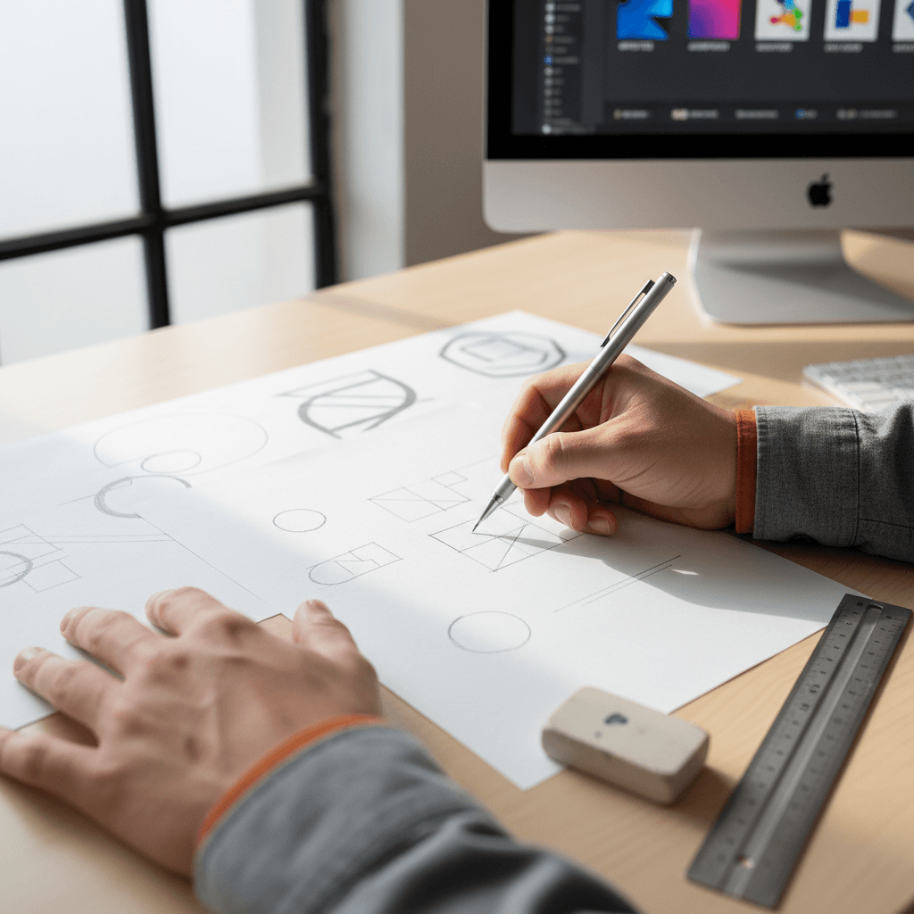 Designer sketching brand concepts on paper in a modern office