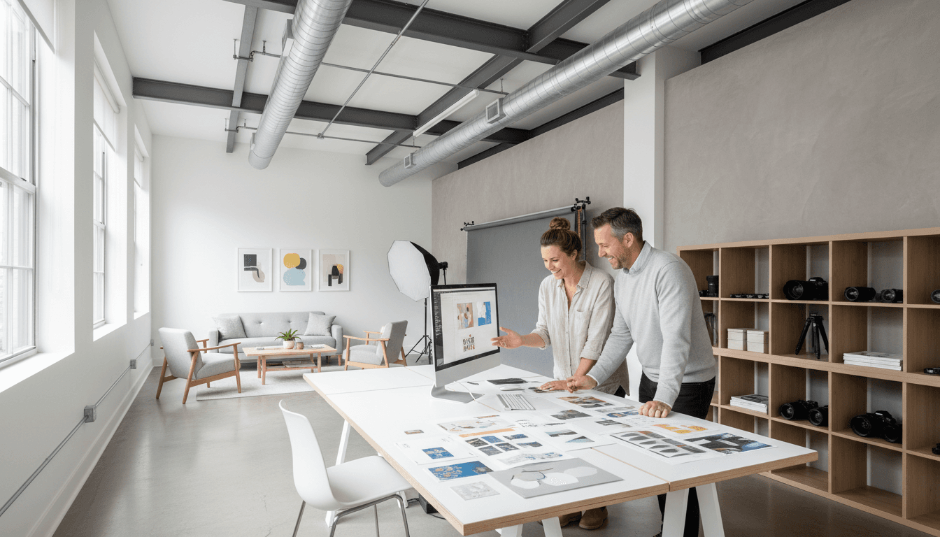 Designer in conversation with a client at a bright studio desk