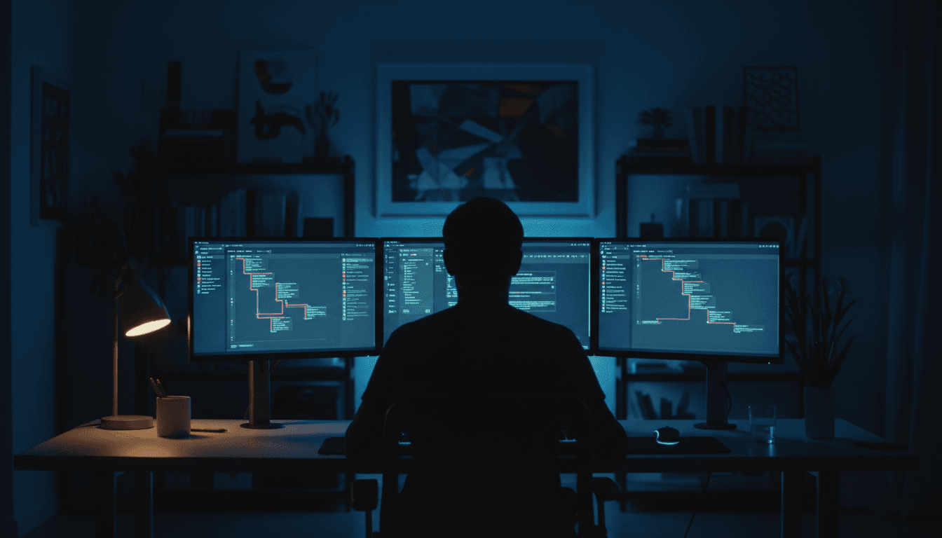 Modern workspace with a monitor displaying vibrant digital designs