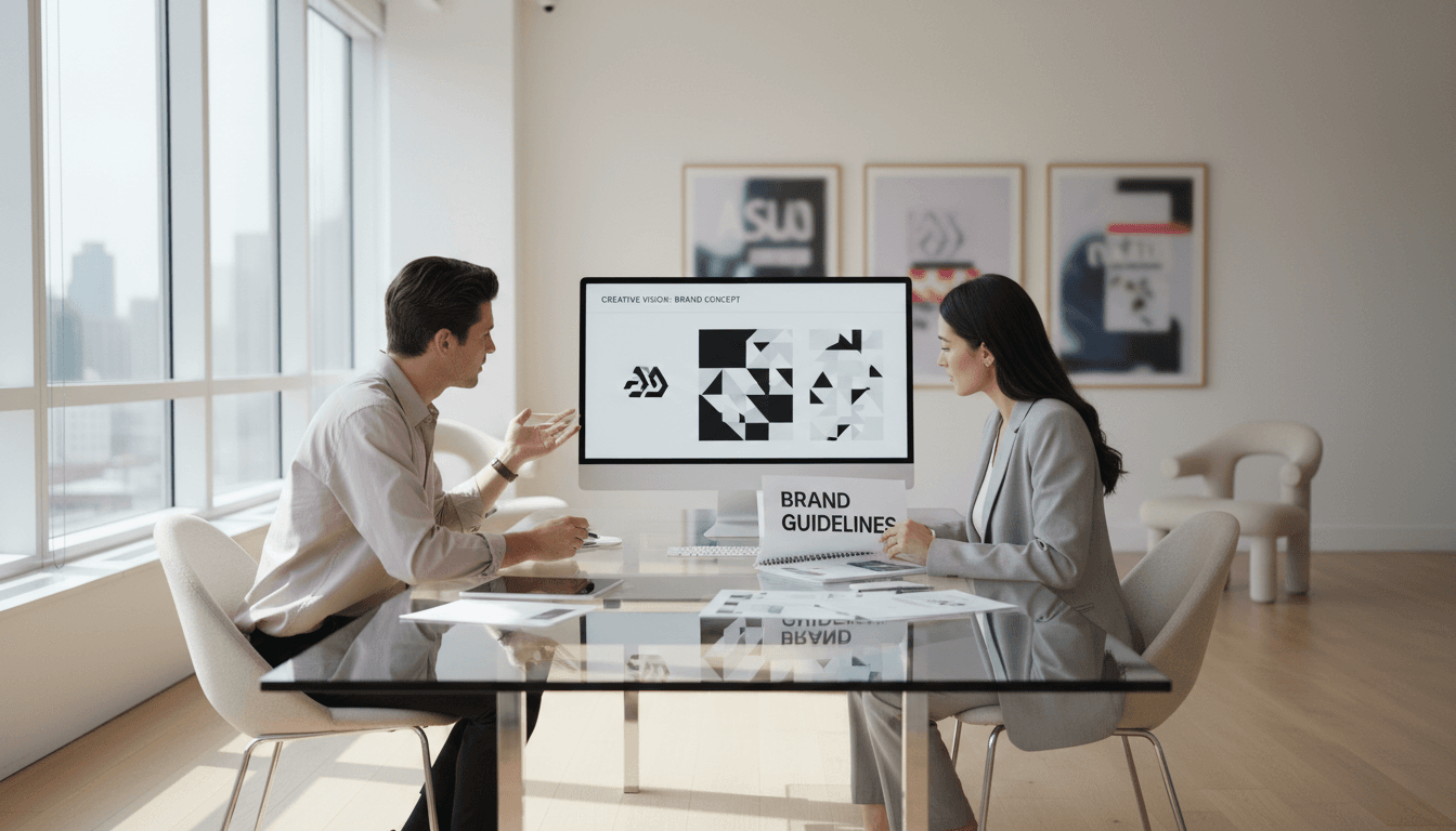 Designer in conversation with a client across a desk in a bright office