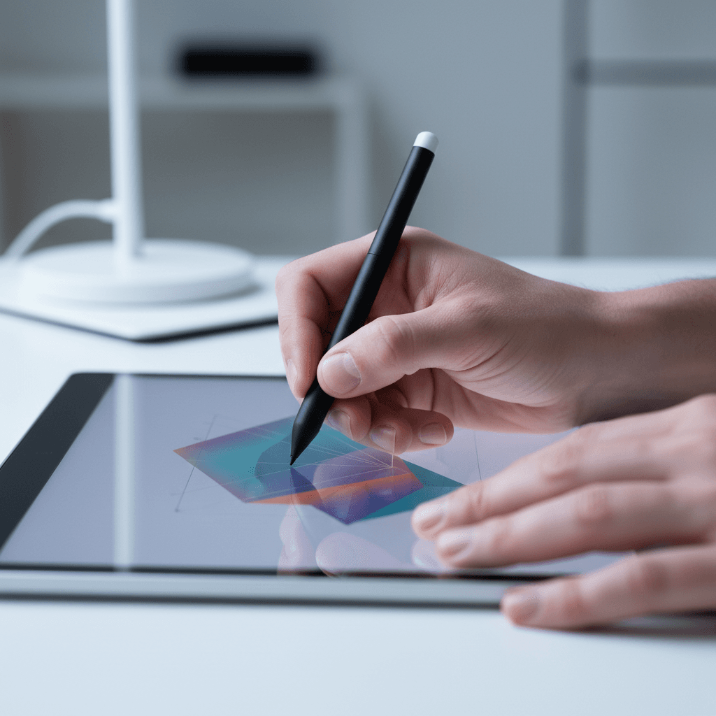 Close-up of hands designing a digital ad on a tablet