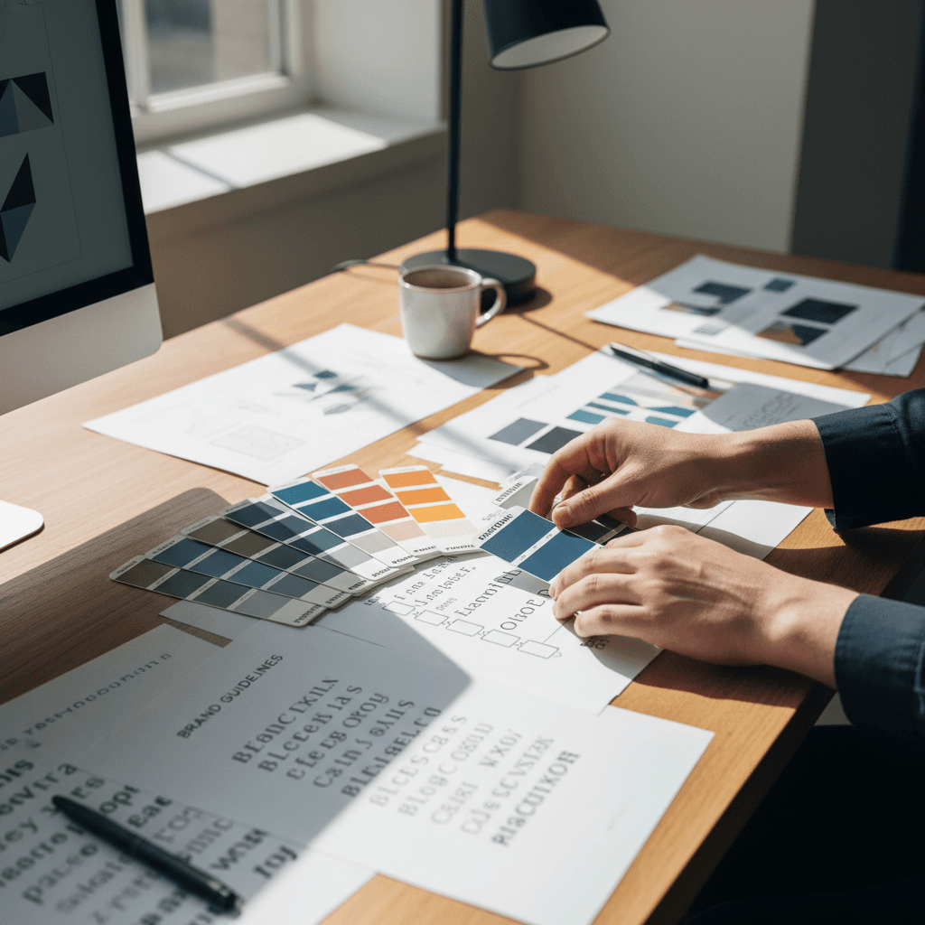 Graphic designer reviewing branding concepts at a clean studio workspace