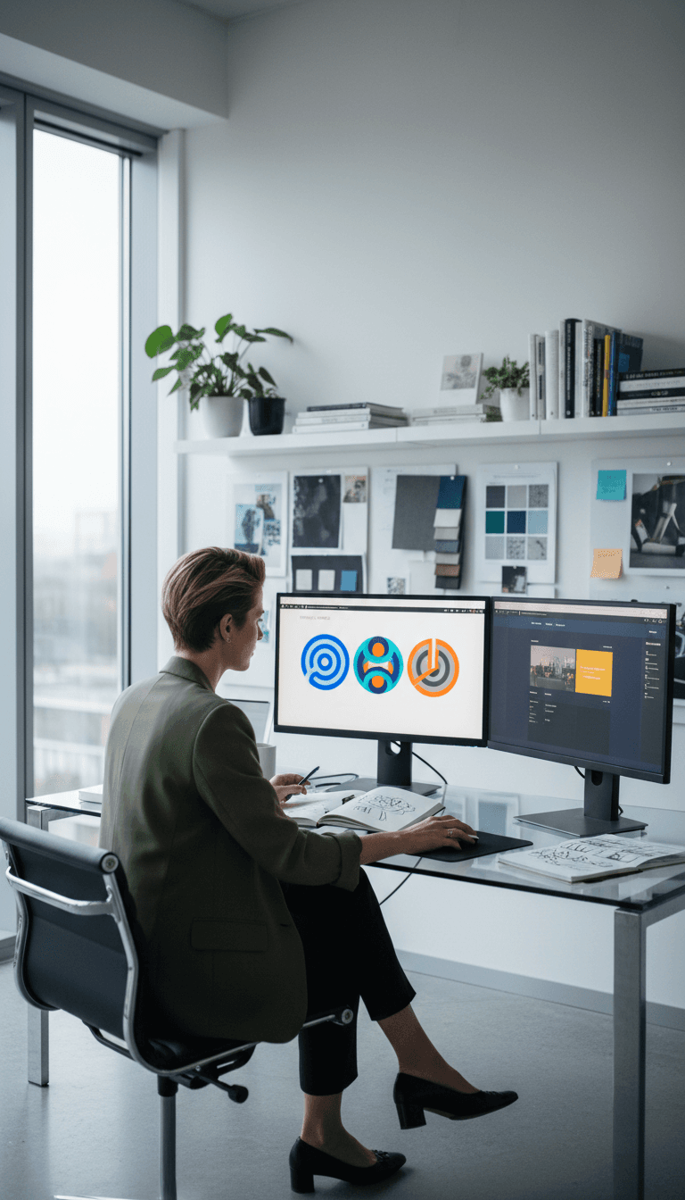 Graphic designer working on a digital brand project in a modern studio