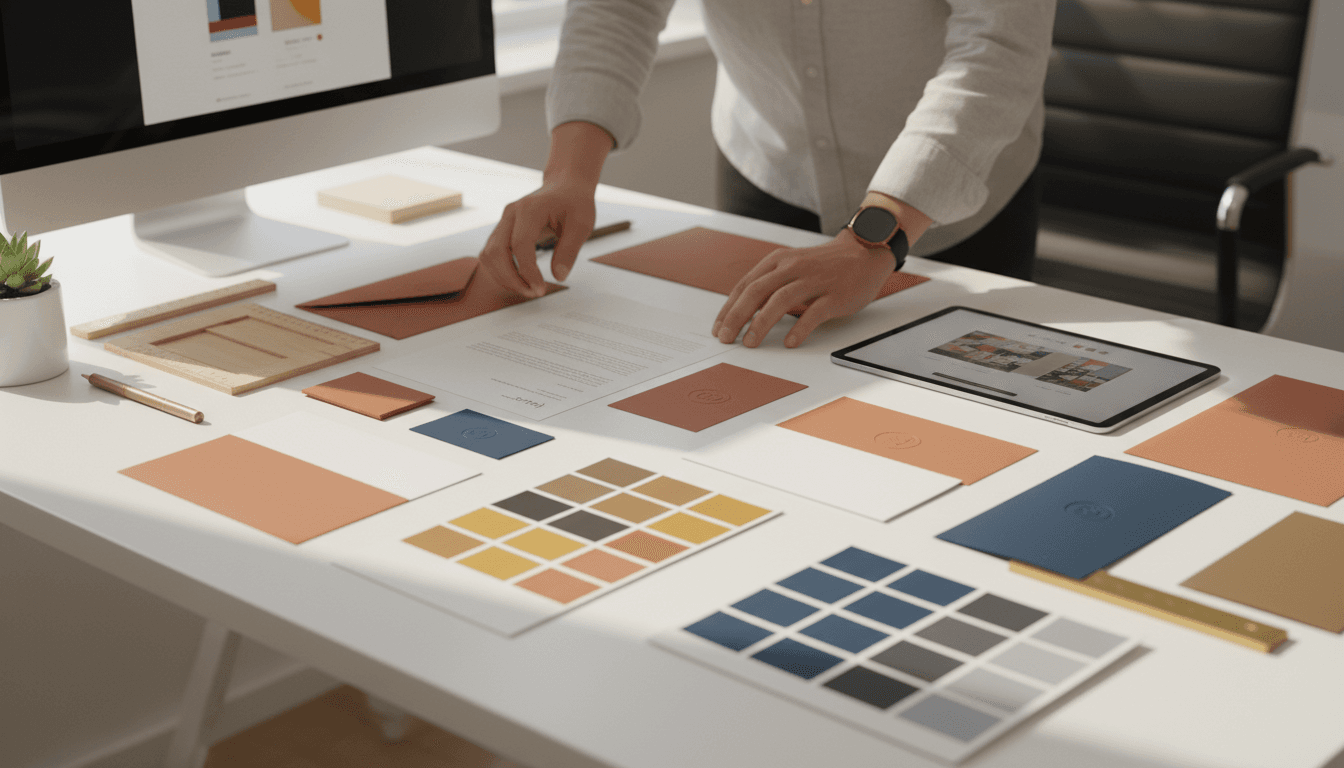 Branding materials arranged on a clean white workspace