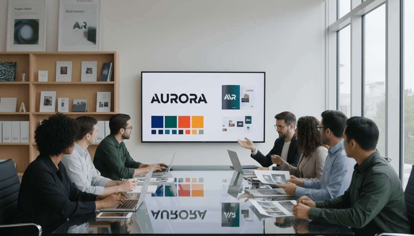 Designer presenting a finished brand mockup to a client in a bright studio