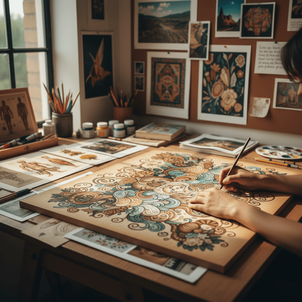 Designer sketching custom illustration ideas in a notebook