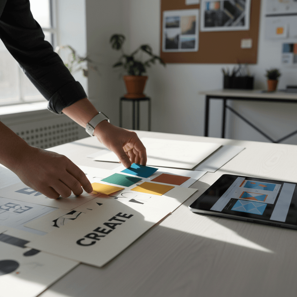 Graphic design workspace with sketches and color swatches in a bright studio