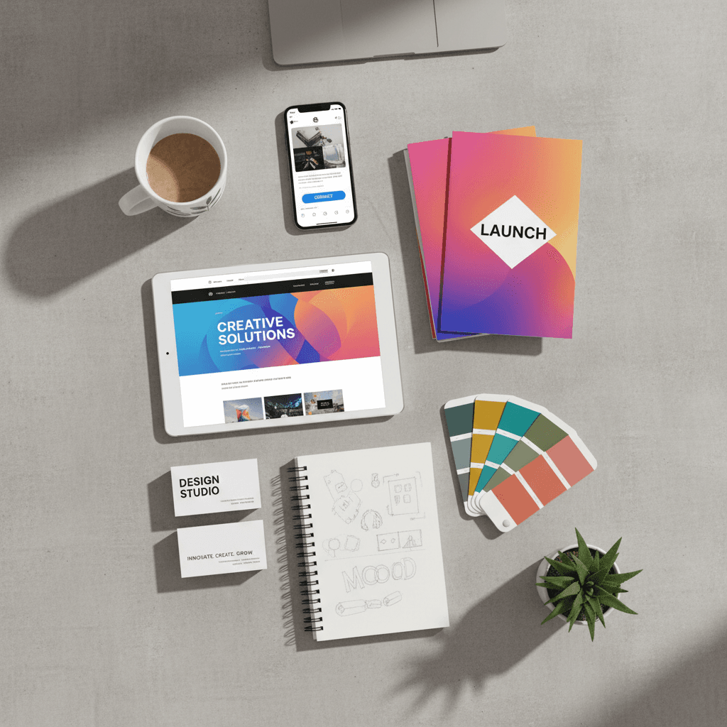 Promotional flyer and matching social media post designs laid flat on a table