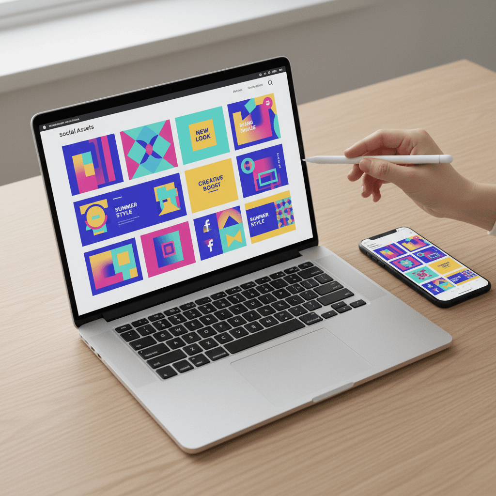 Designer creating social media graphics on a laptop