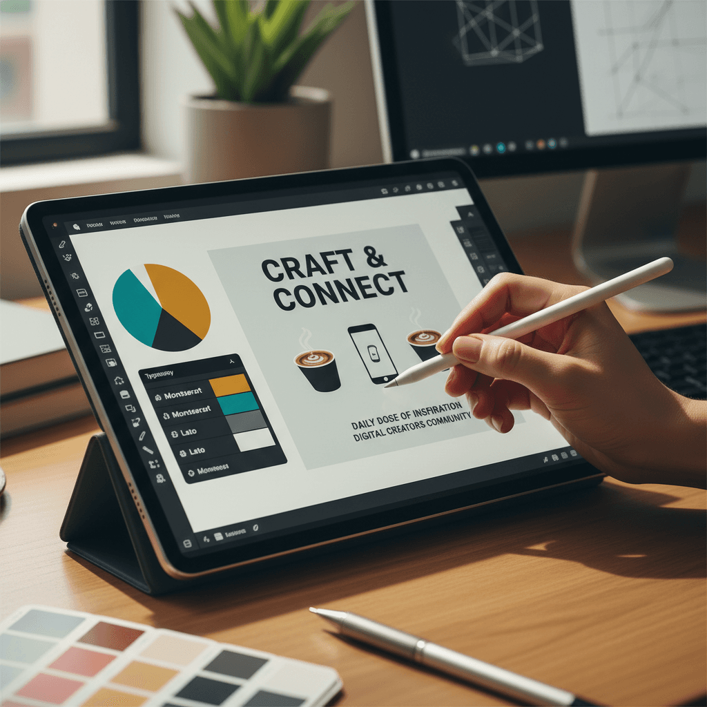 Digital graphics and social media content designs displayed on a tablet with a stylus